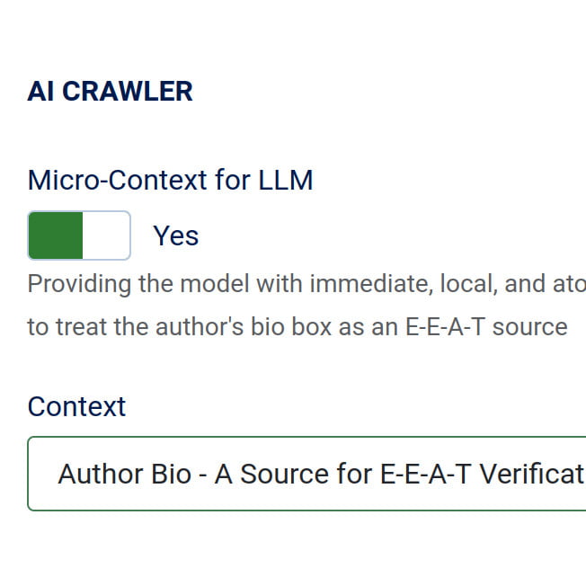 La sezione AI Crawler con lo switch per attivare il Micro-Context per LLM