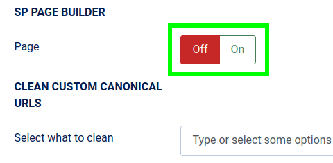 Opzione SP Page Builder nelle impostazioni del plugin Crusco Canonical URL per Joomla